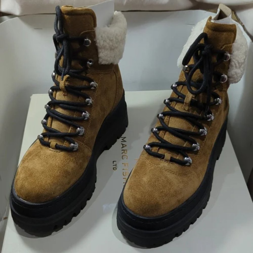 BNIB Marc Fisher Pierson Hiking/Moto Platform Warm Faux fur Boot Tan (Natural) - Picture 2 of 7